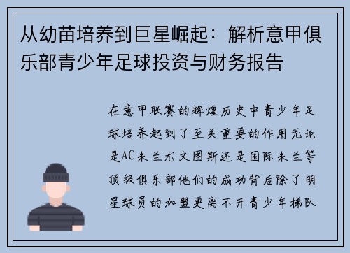 从幼苗培养到巨星崛起：解析意甲俱乐部青少年足球投资与财务报告