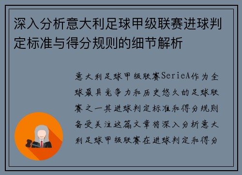 深入分析意大利足球甲级联赛进球判定标准与得分规则的细节解析
